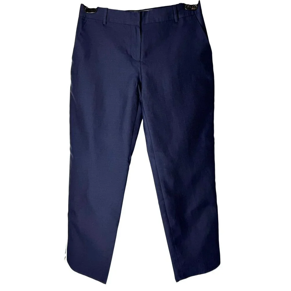 J Crew Collection Pants Women‎ 2 Navy Blue Silk Blend Ivory Stripe Side Preppy
